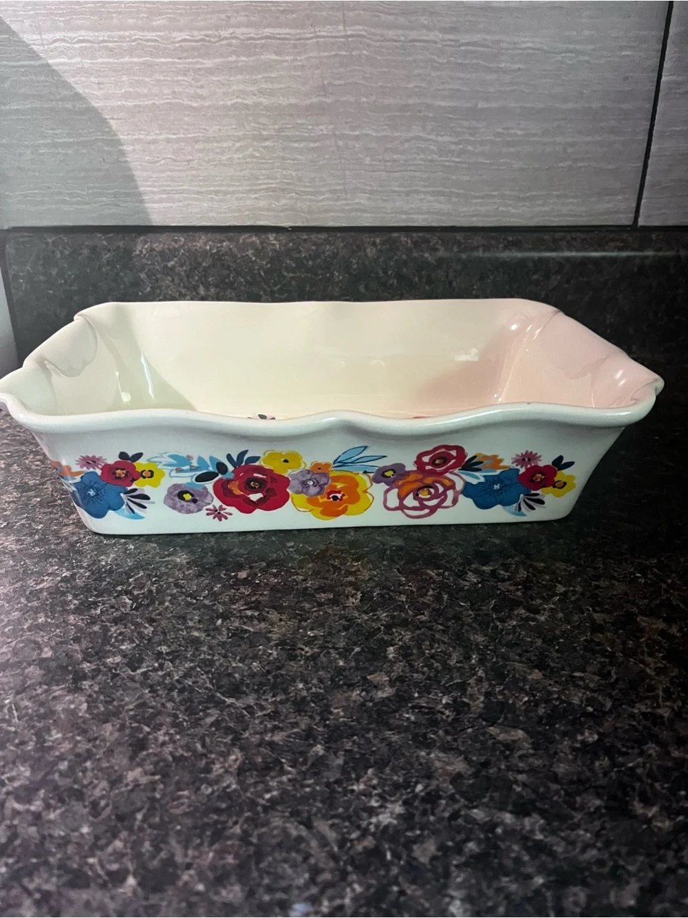 The Pioneer Woman Cream Ceramic Rectangular Baker with Multicolor Floral Border